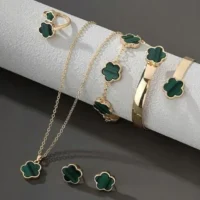 CHINA IMPORTED BRIGHT LUCKY FLOWER JEWELRY SET ACRYLIC BRACELET FIVE - LEAF CLOVER NECKLACE RING EARRINGS FOR WOMEN
